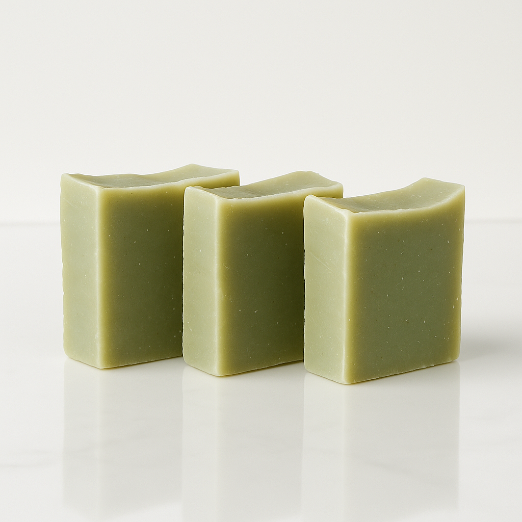 Three eucalyptus soaps on a white background