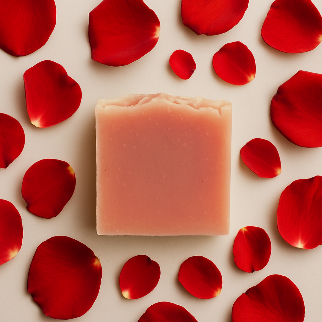 Bar of soap surrounded by red rose petals on a beige background