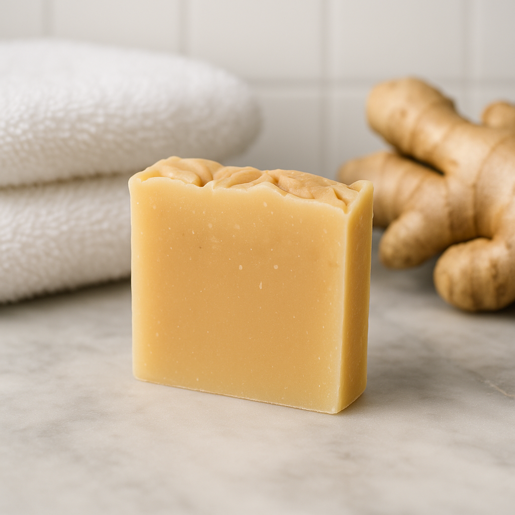 Bar of soap with ginger root and towels in the background