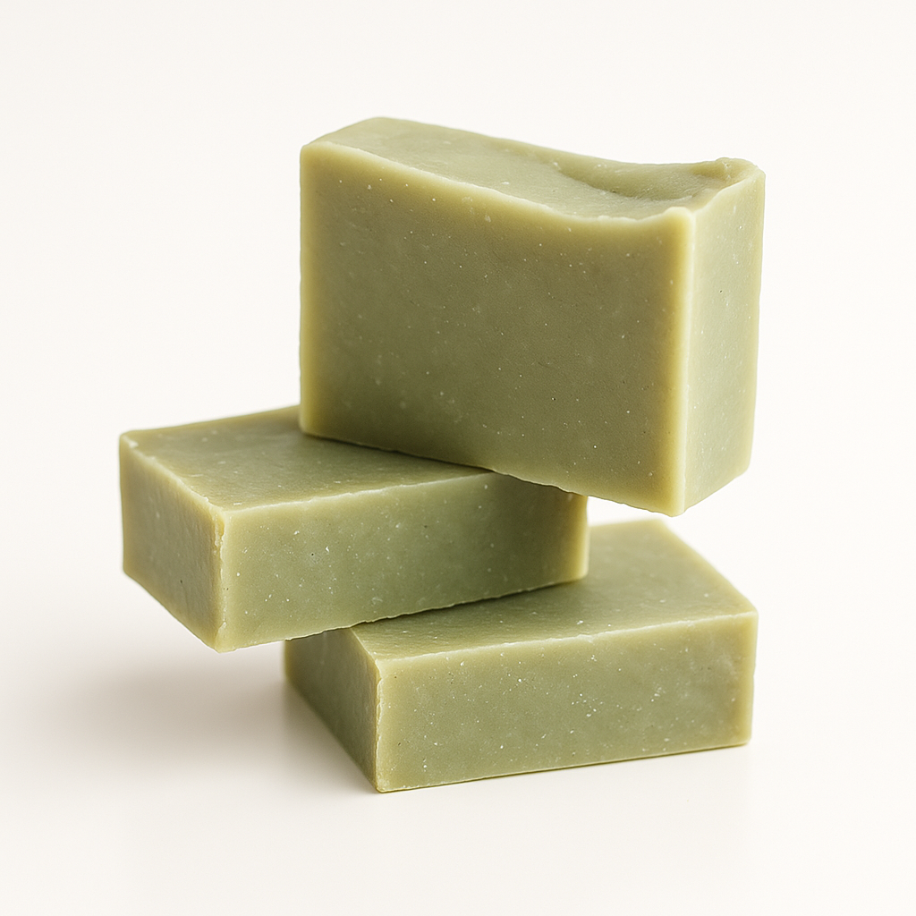 Three bars of green soap stacked on a white background