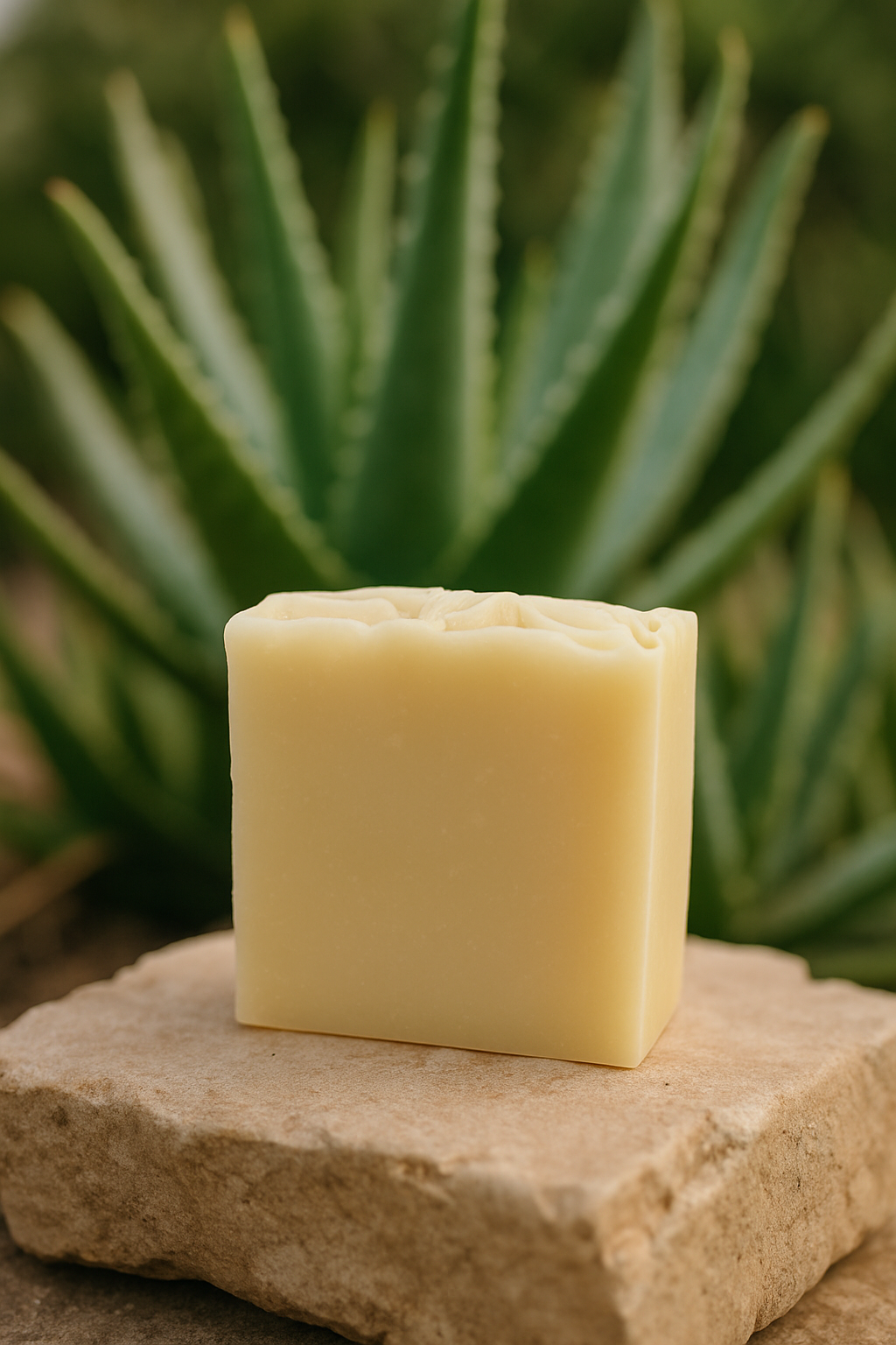 Square bar of soap on a stone surface with a blurred aloe plant background