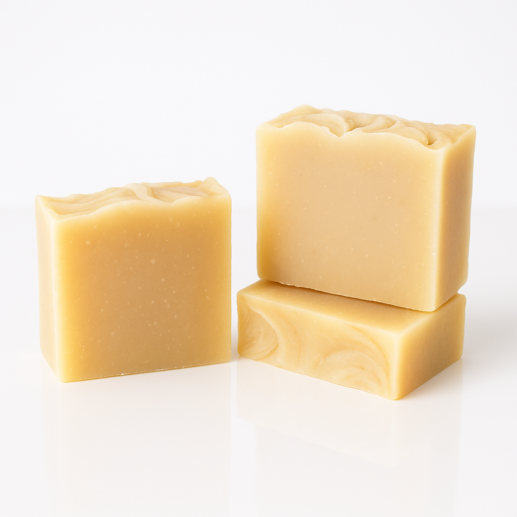 Three bars of ginger soap stacked on a white background