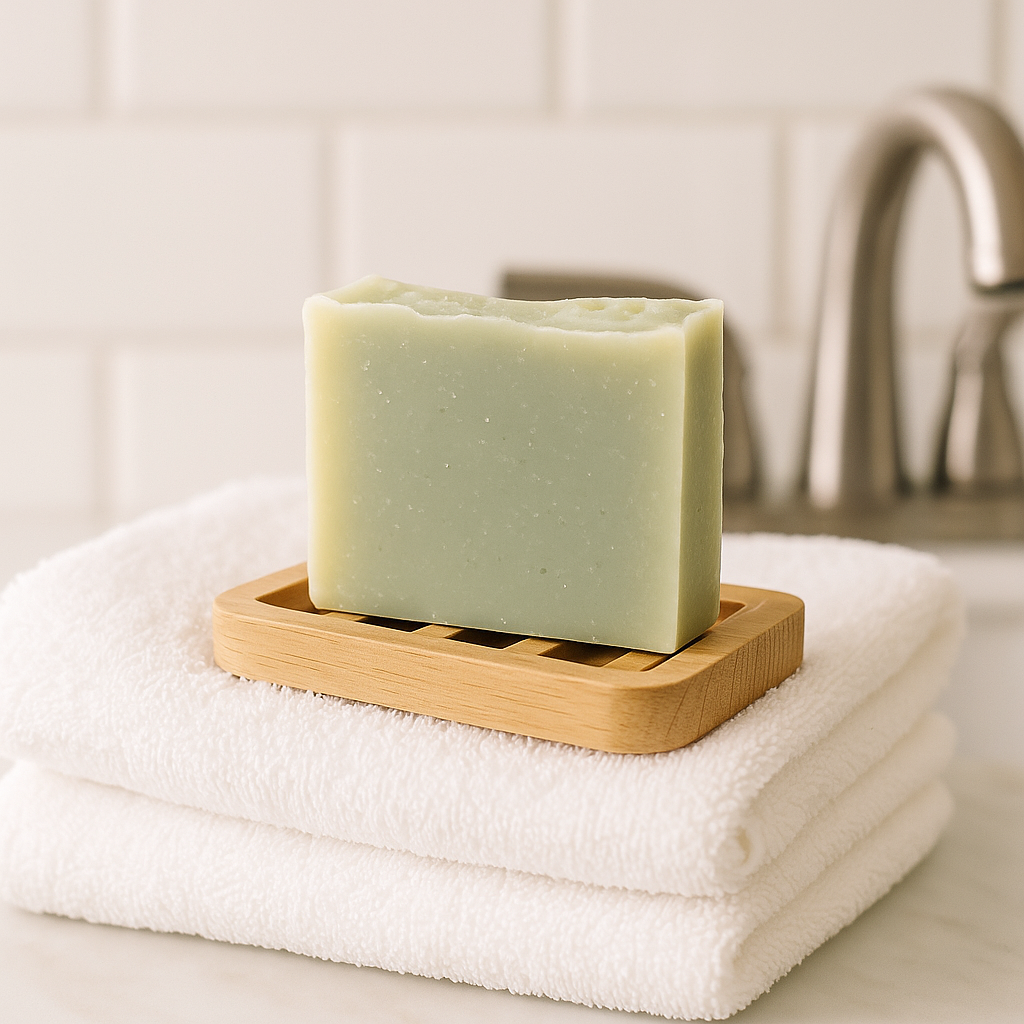 bar of eucalyptus soap on a wooden soap dish with white towels and a blurred bathroom background