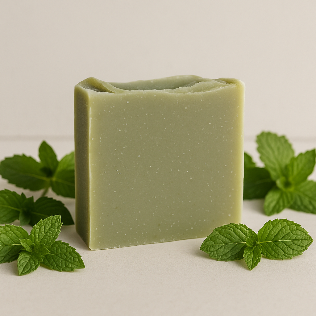 Green bar of soap with mint leaves on a light background