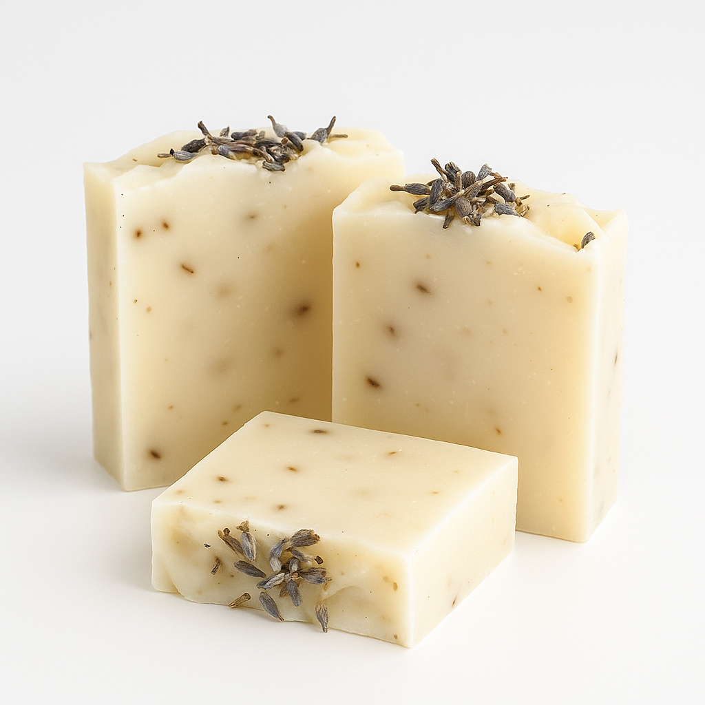 Three bars of soap with lavender buds on a white background