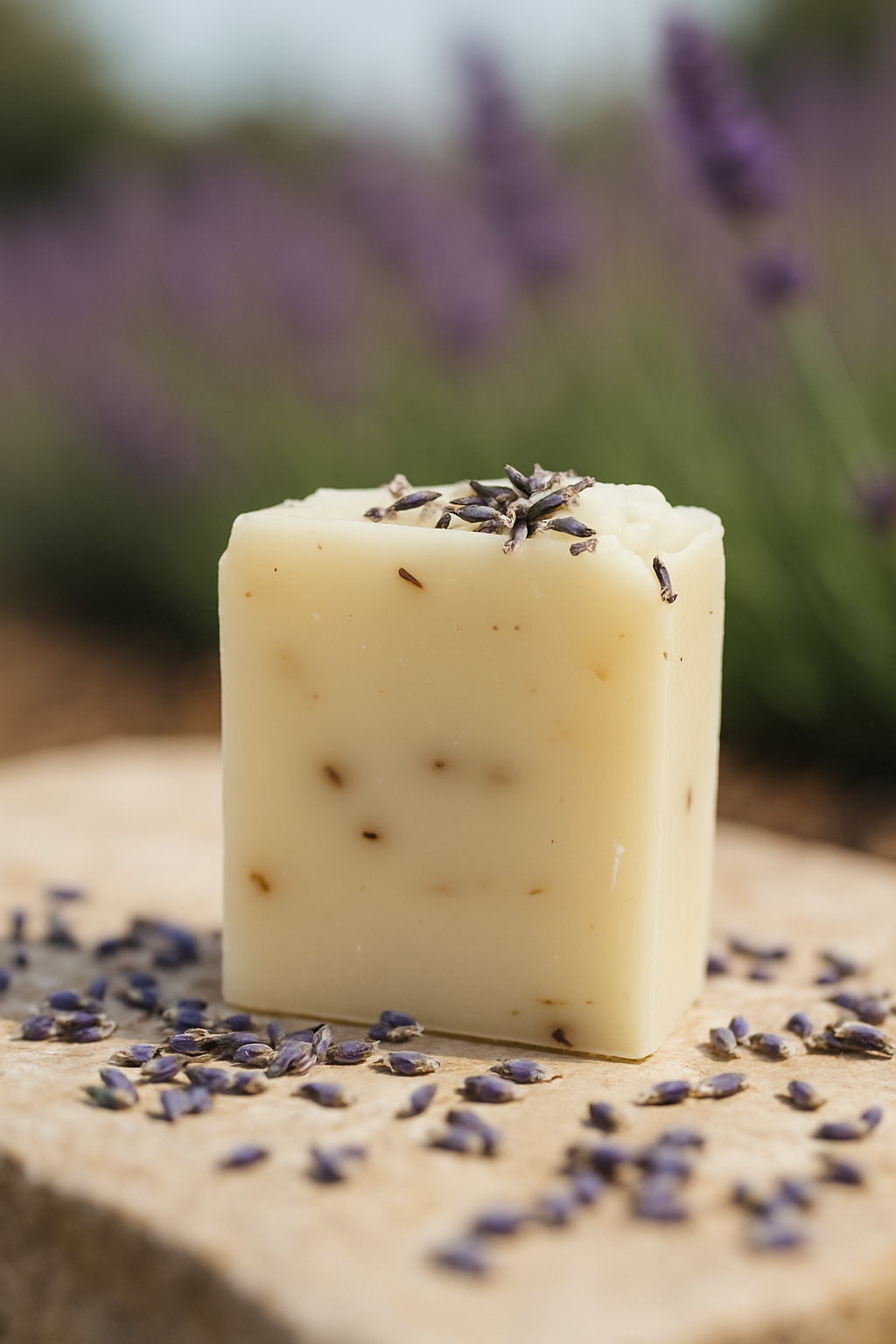 Square bar of soap with lavender buds on a wooden surface with blurred lavender flowers in the background
